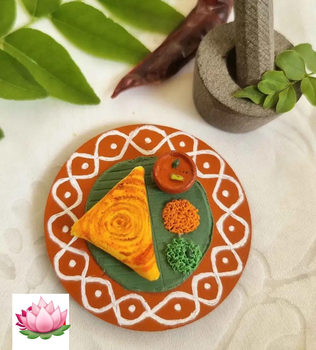 Miniature  Dosa Chutney Sambar in Banana Leaf Plate Return gift Golu doll
