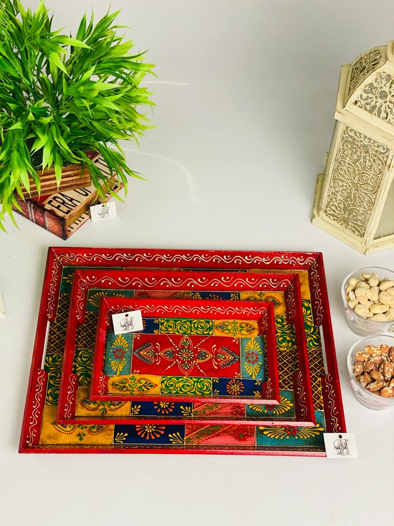 Handmade Wooden Painted Tray Set of 3