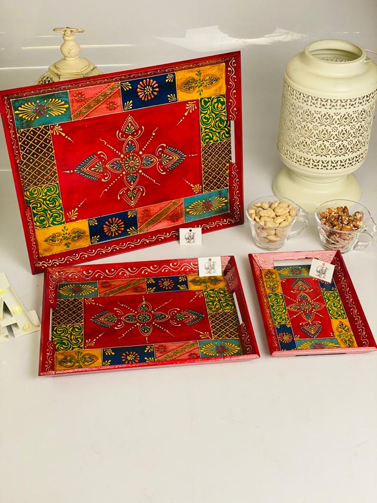 Handmade Wooden Painted Tray Set of 3