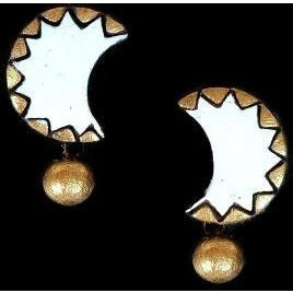 Cute Handmade Moon Shaped Terracotta Earrings in Gold and White combination with a Golden Drop