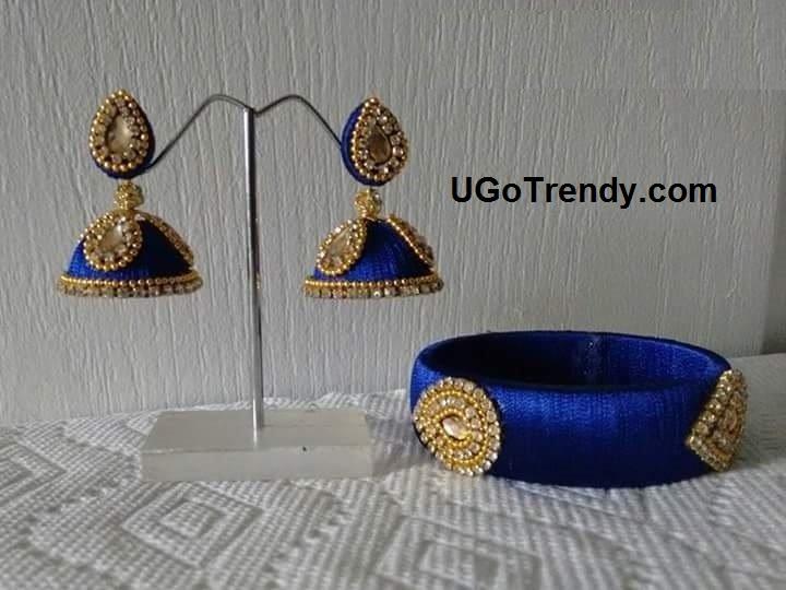Handmade Beautiful Silk thread Bangle and matching Jhumka decorated with rhinestones