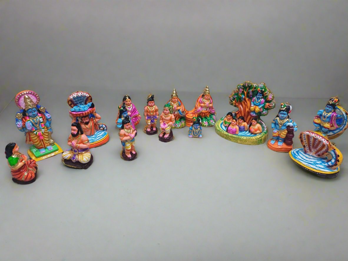10" Krishna Leela Paper Mache Golu doll set of 19 dolls