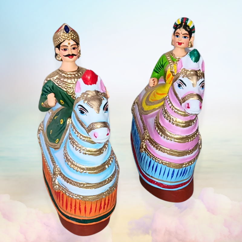 13" Set of 2 Tanjore  Dancing dolls  Poikkaal Kuthirai Raja Rani Horse Thalayatti Bommai
