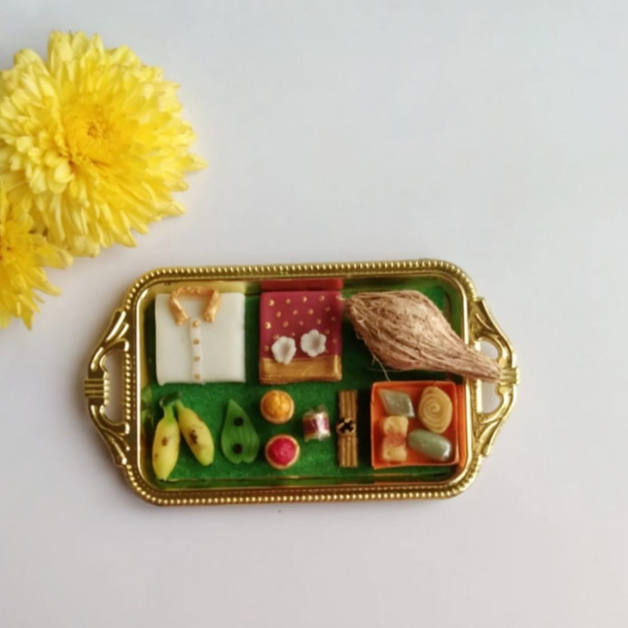 Miniature Golden Thamboolam Tray with Saree, Veshti, Coconut, Sweets, Banana, Betel leaf Golu Dolls Return Gifts| Navratri Kolu Bommai