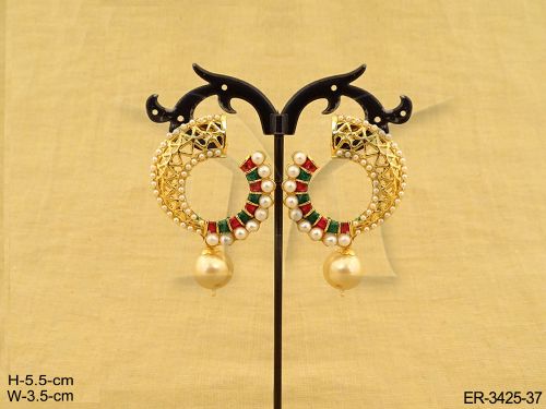 Chandbali Earrings with Drop Bead Pearls Ruby Green Stones