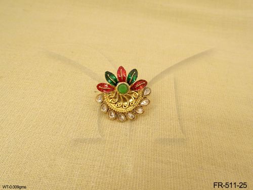 Flower and Leaf Polki Stones Enamel Colored Adjustable Rings