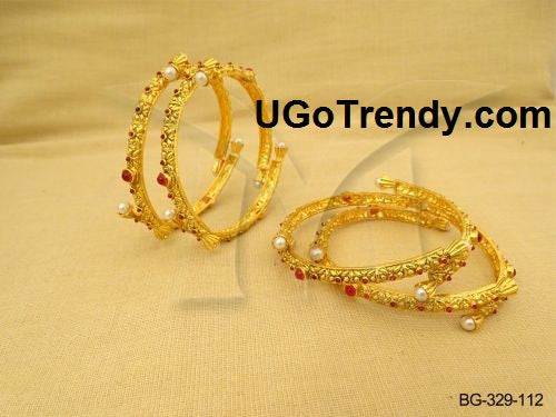 Gold Plated Bangles with red cubic zirconia stones and white bead pearls