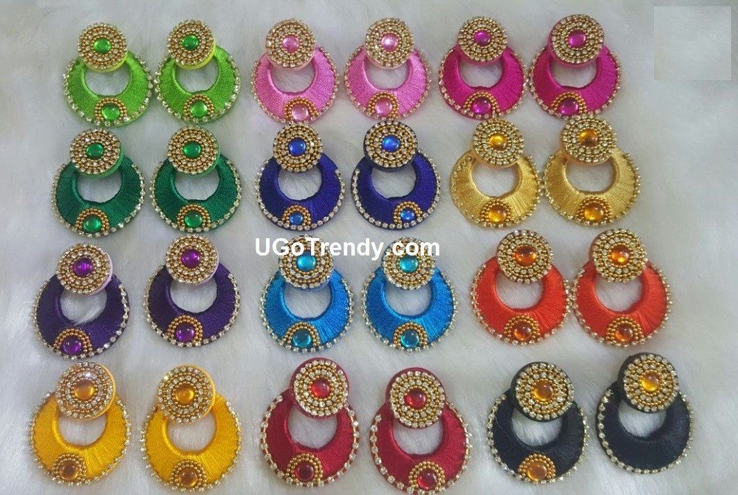 Beautiful Silk thread Chandbali Earrings decorated with Rhinestones