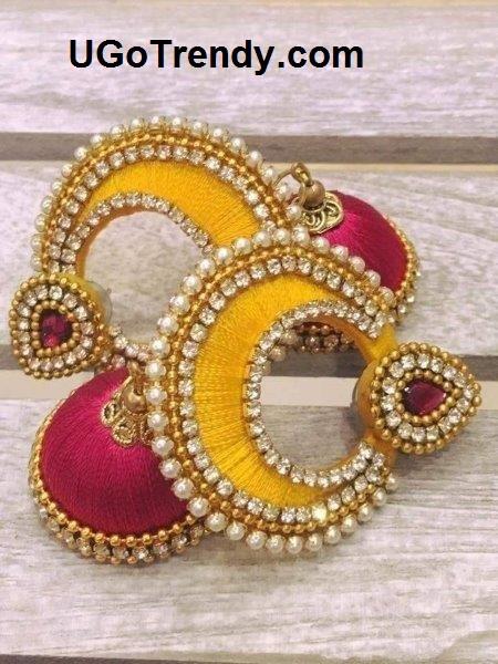 Beautiful Silk thread Double color Chandbali Earrings with Jhumka decorated with Rhinestones and golden beads