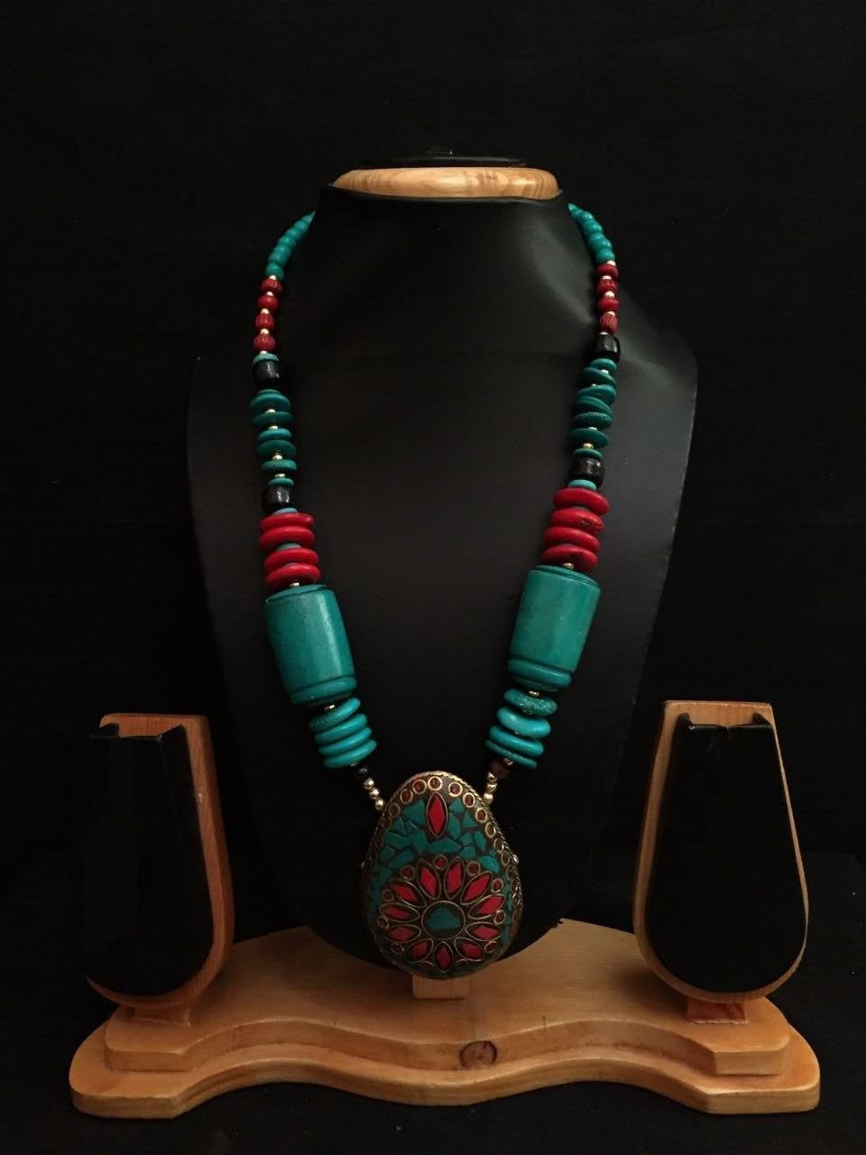 Handmade Beautiful Nepalian Beads Coral Stones Necklace with  German Silver Pendant Decorated with Coral Turquoise Stones