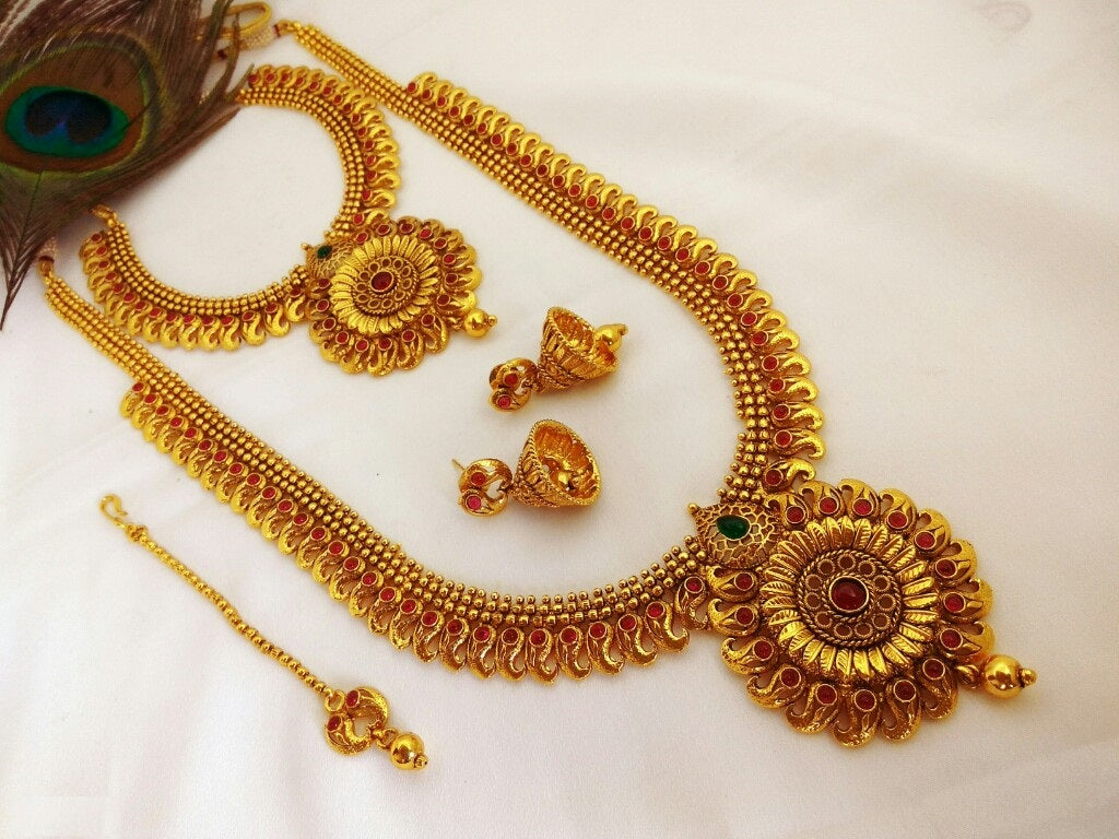 Semi Bridal set - Long necklace / aaram with short necklace, jhumka and maang tikka