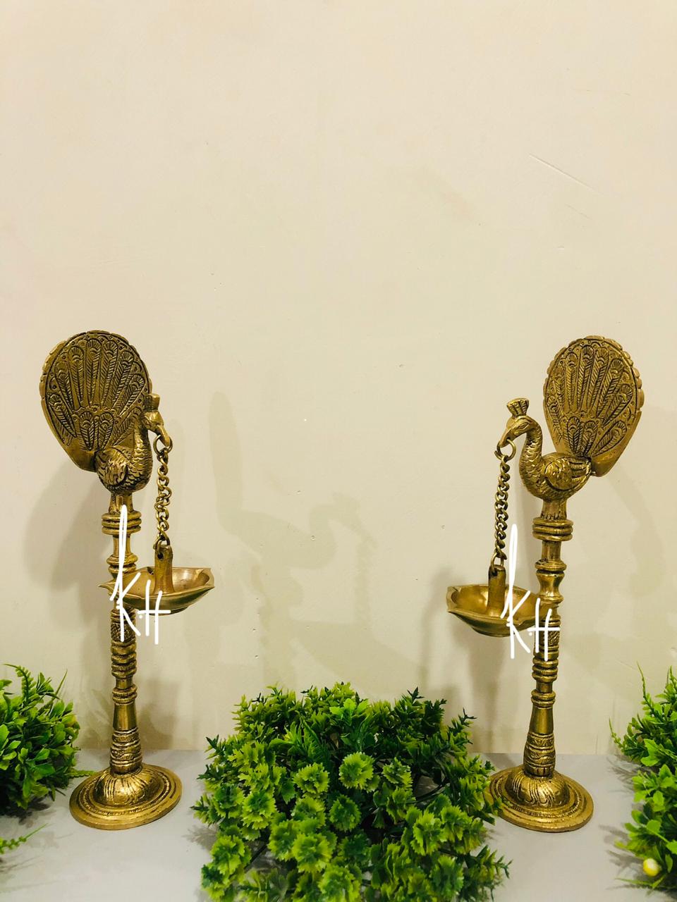 Brass Peacock Hanging Diya  Deepak Stand Set of 2
