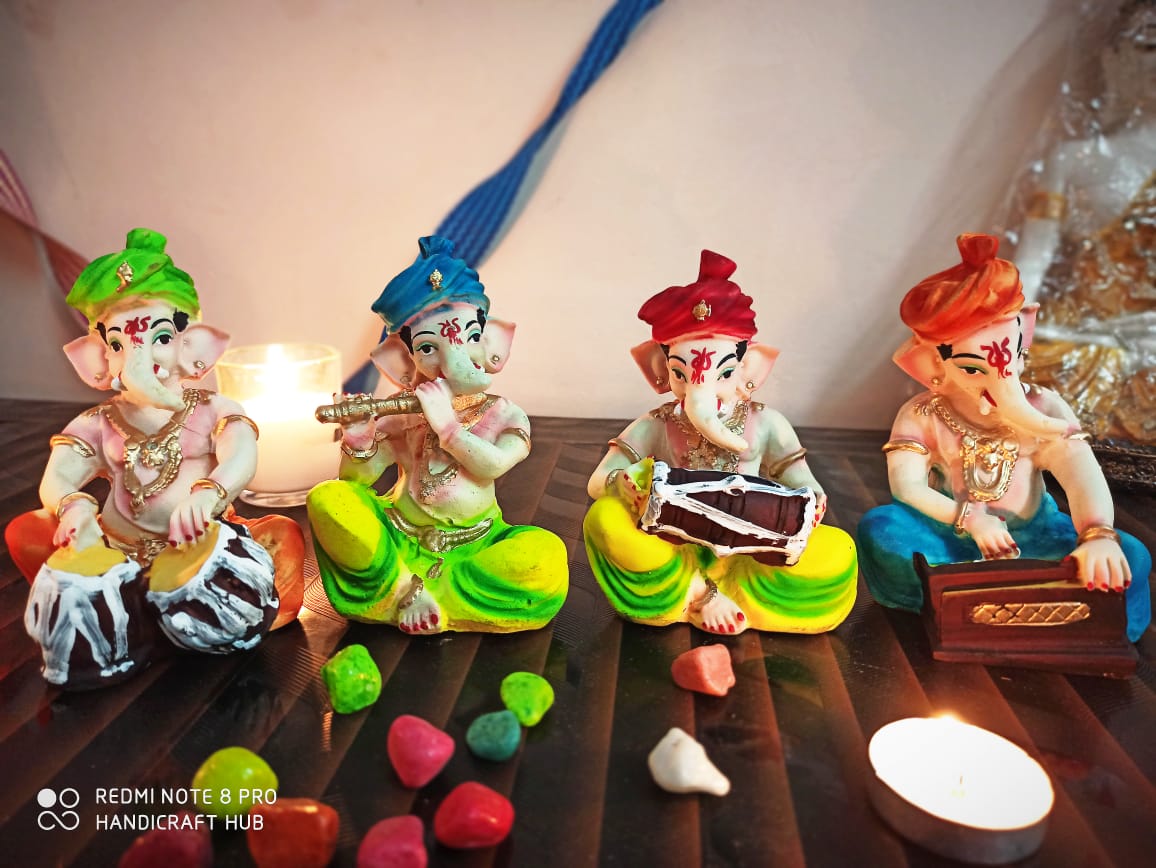 Colorful Musical Ganesh Ganpati with Instruments and Turban 4 Pcs Set