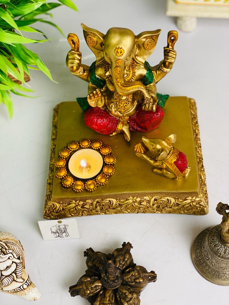 Golden Ganesha with Mooshika Tea Light Candle Holder