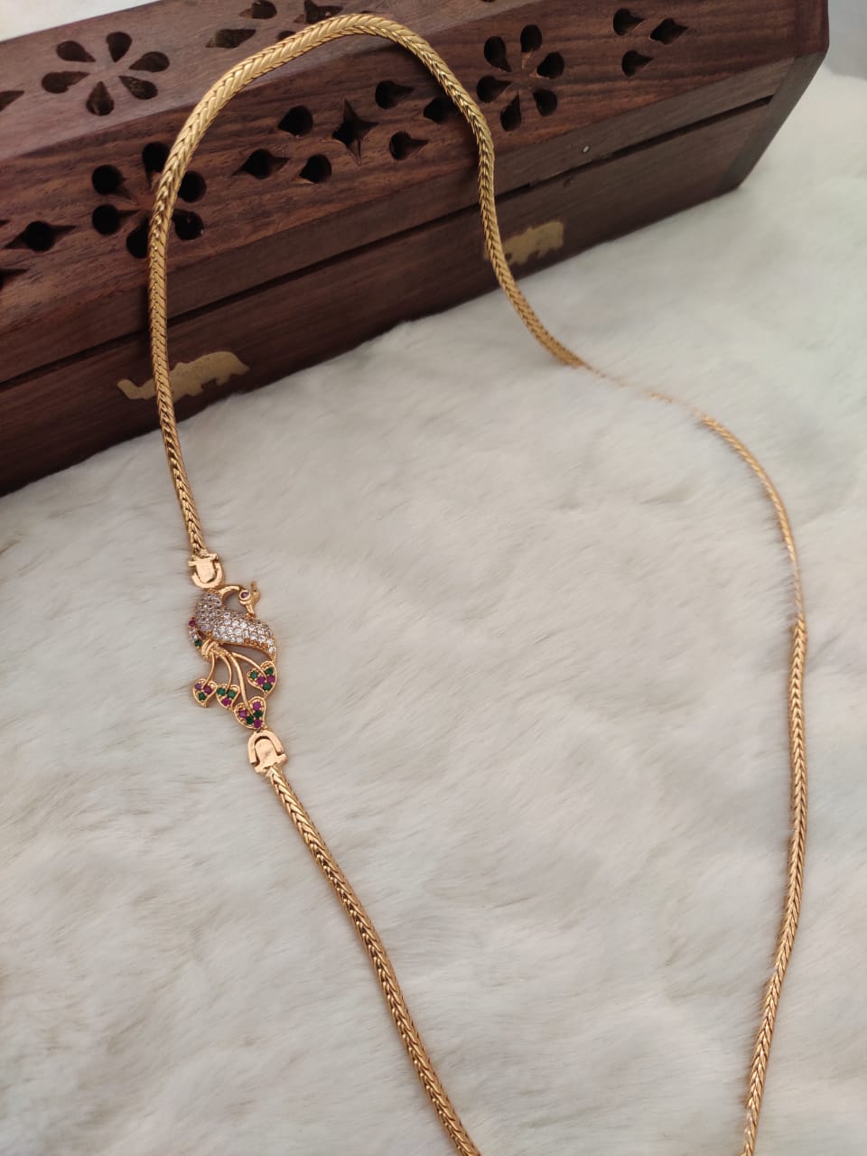 Microplated Red and White stones Peacock Design Mogappu Chain