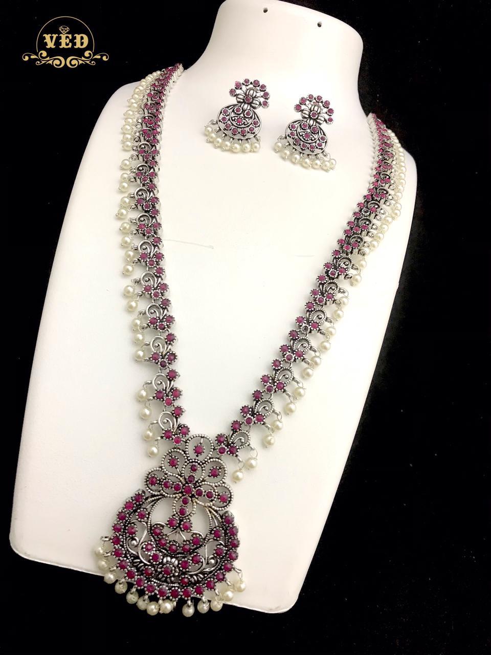 German Silver Ruby and Pearl beads Long Necklace With Earrings