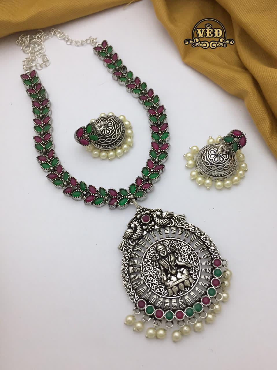 Ruby Green Temple Jewelry German Silver Necklace with Jhumka