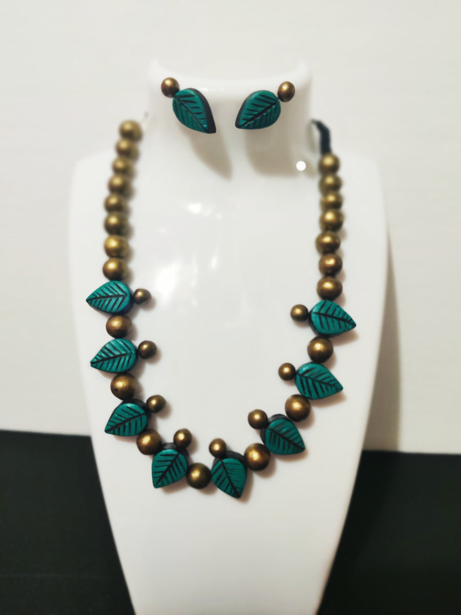 Beautiful Handmade Terracotta Necklace Set Leaf Design Blue and Gold combination