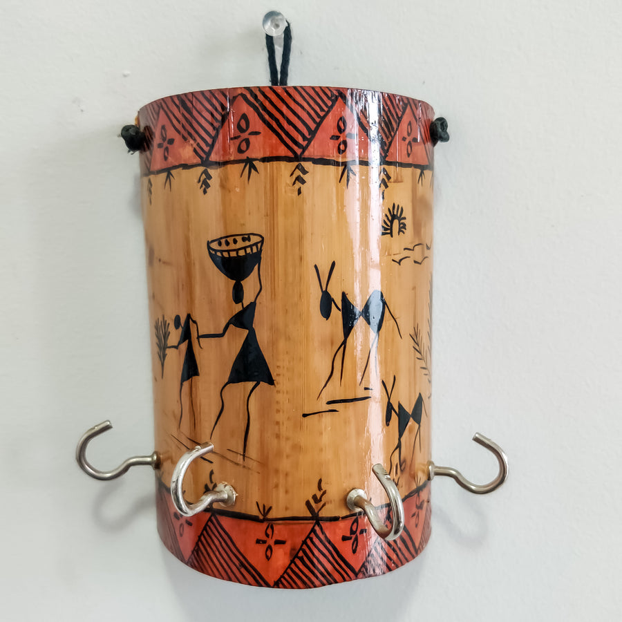 Handmade Bamboo Warli Painting Tribal Indian Art Key Holder