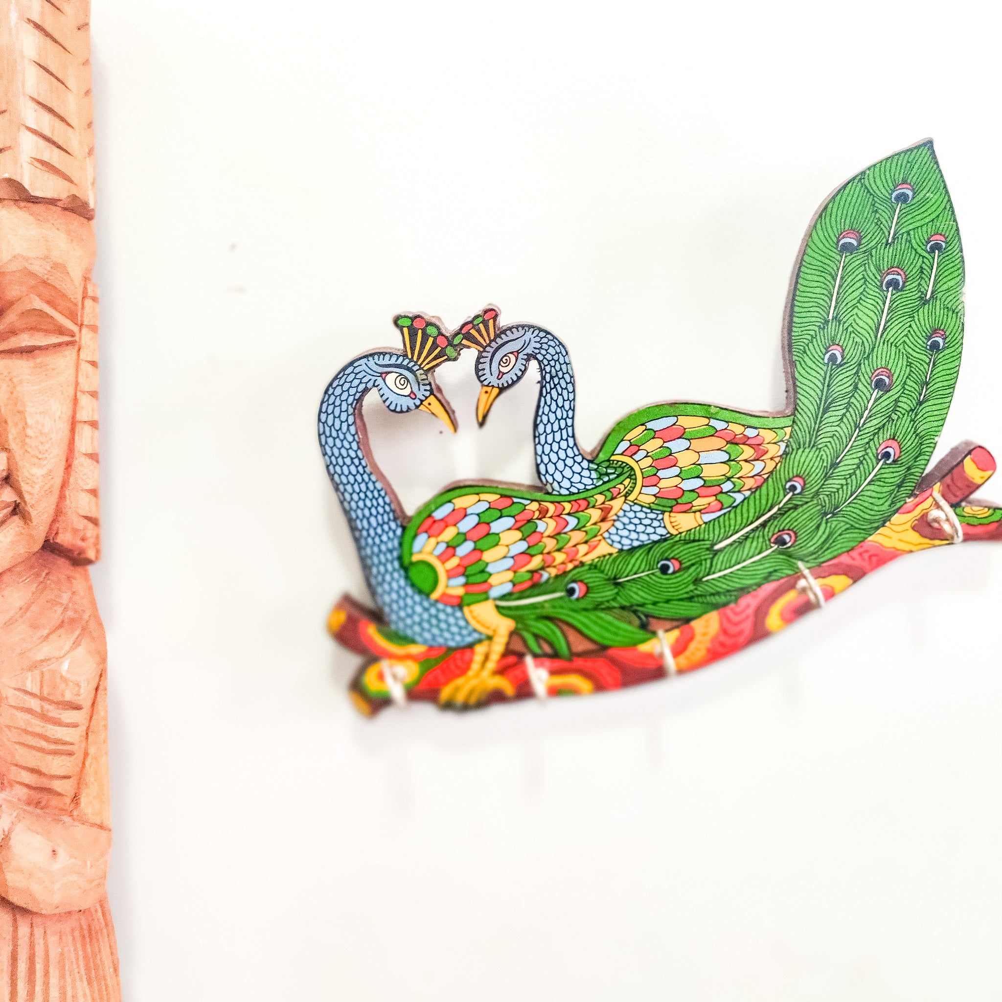 Hand Painted Wood Twin Peacock Key Holder