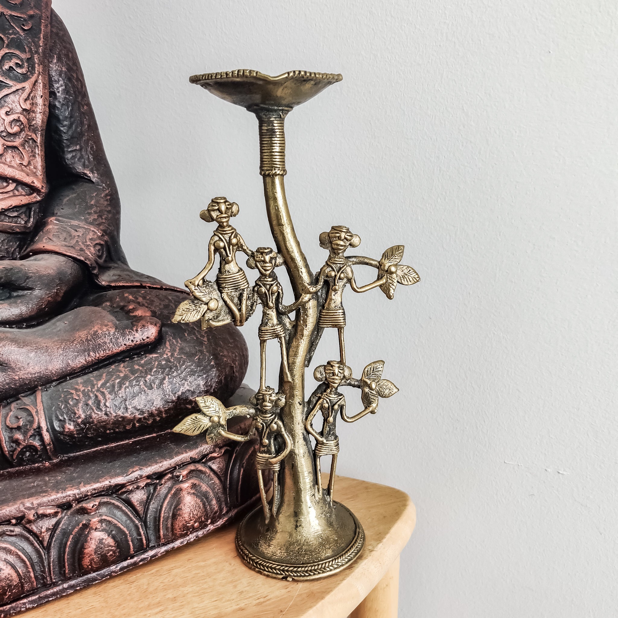 Brass Dokra Candle Stand With Tree and Figurines