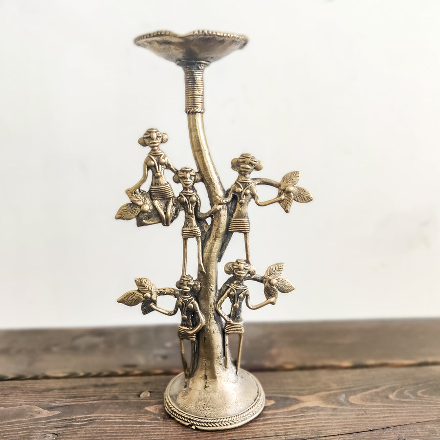Brass Dokra Candle Stand With Tree and Figurines