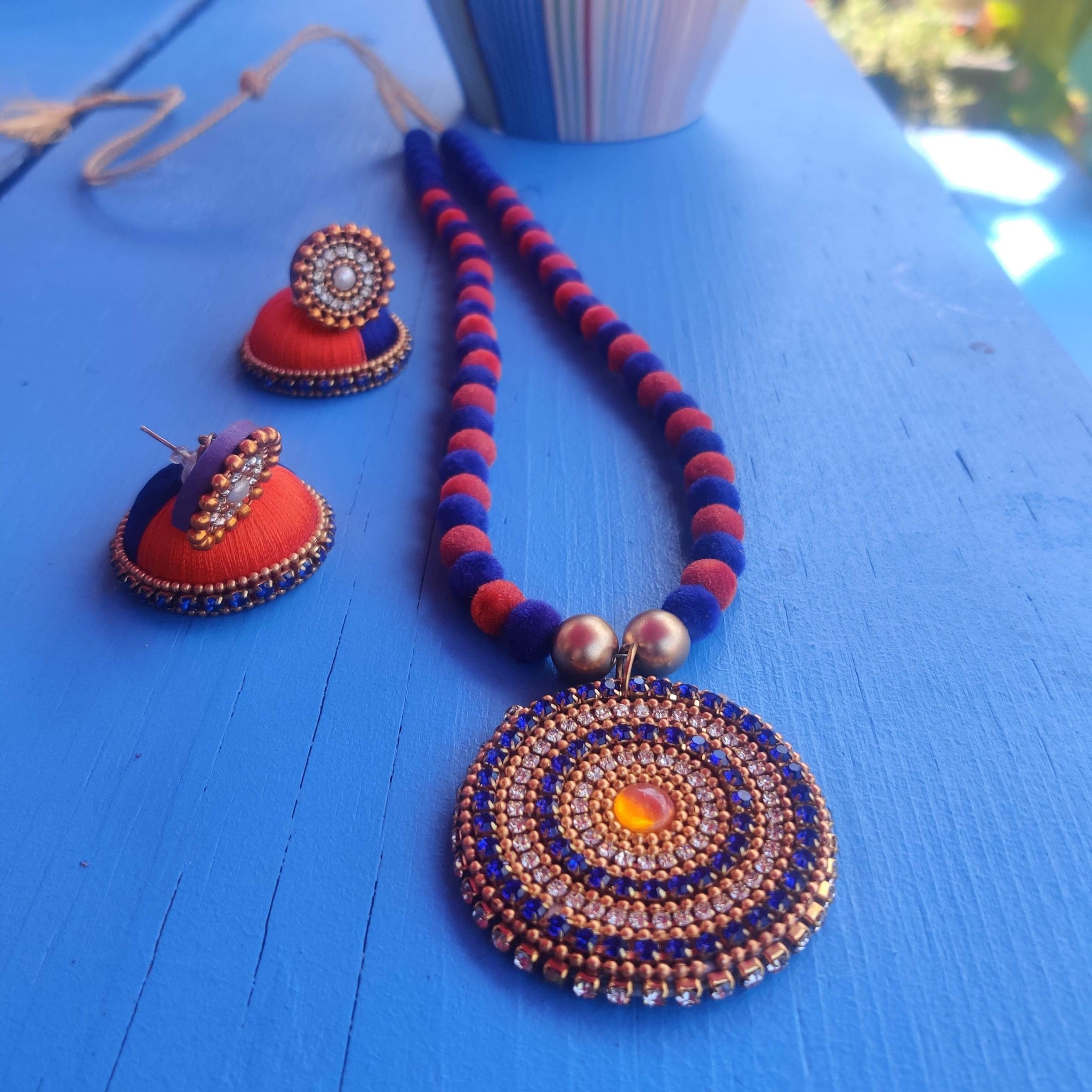 Blue And Red Silk Thread Necklace with Rhinestone Pendant and Jhumka
