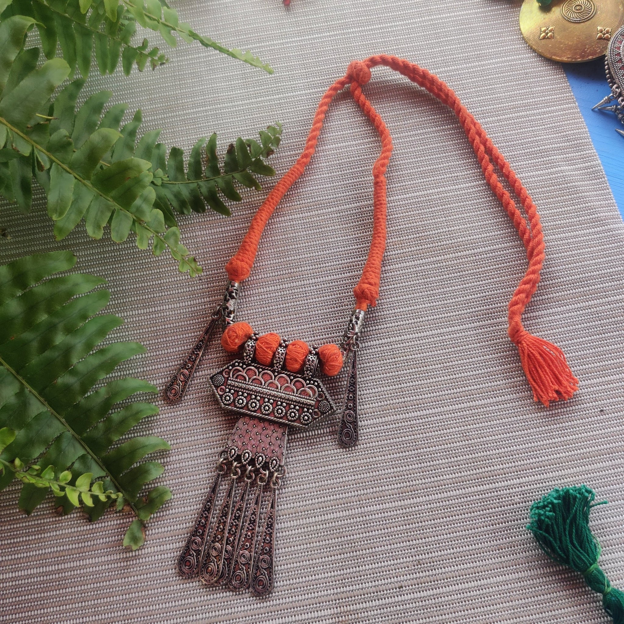 Orange Silk Thread Pendant Necklace