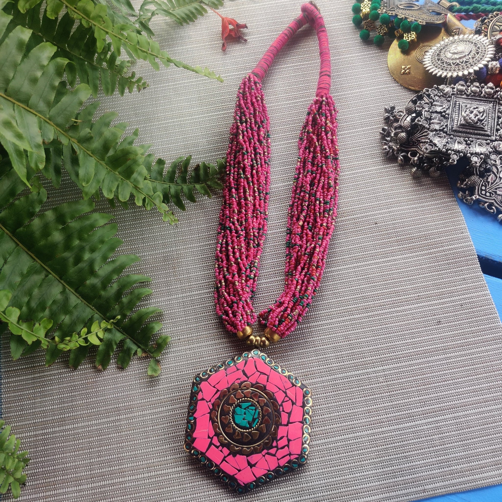 Pink Beaded Pendant Necklace