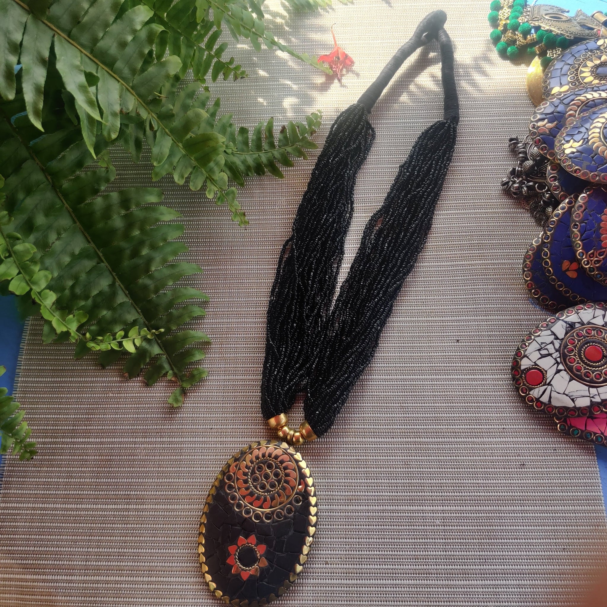 Black Beaded Pendant Necklace