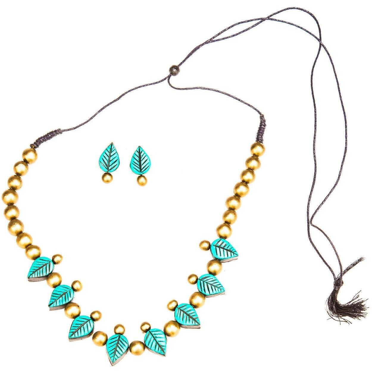 Beautiful Handmade Terracotta Necklace Set Leaf Design Blue and Gold combination