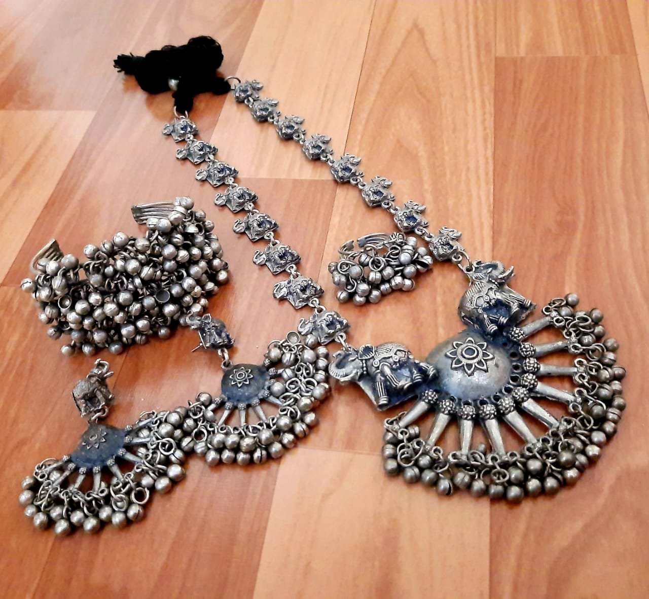 German Silver Oxidized Metal Antique Black Metal Finish Unique Elephant Pendant Gungru Combo Necklace Set