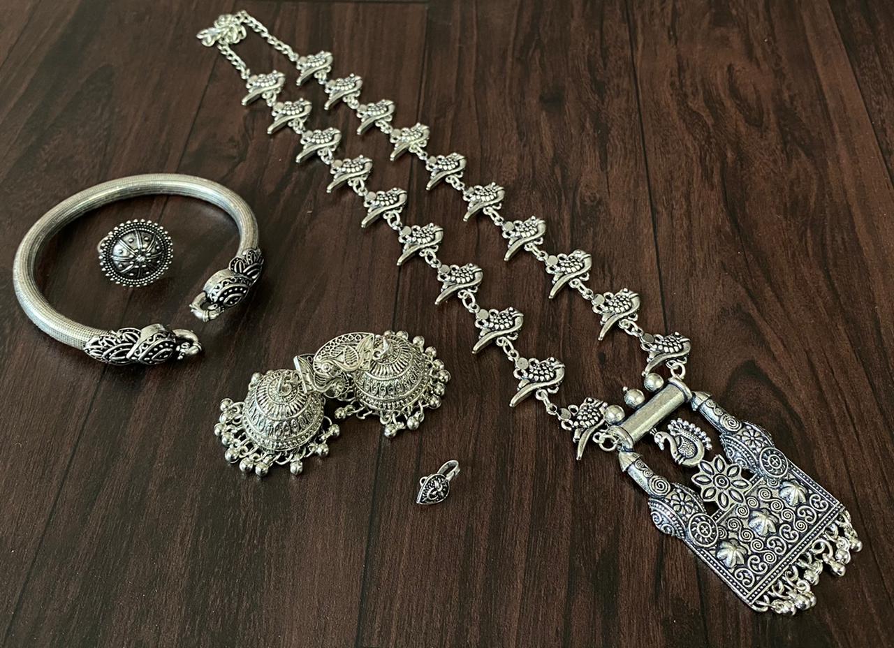 German Silver Oxidized Metal Silver Finish Peacock Pendant Combo Necklace Set