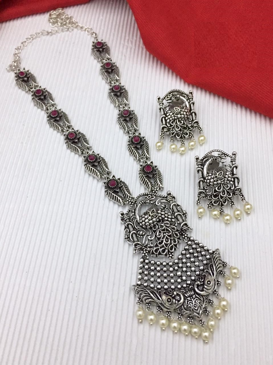 German Silver Oxidized Metal Unique Peacock Pendant Necklace Set With Earrings