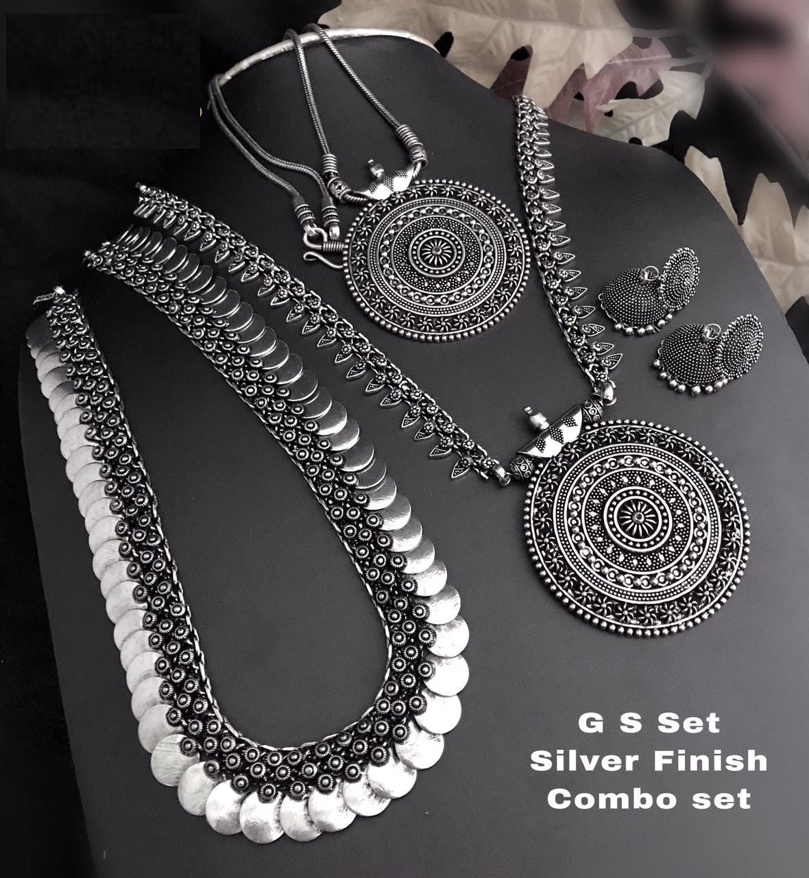 Silver Finish German Silver Combo Set - Haar, Pendant Chain, Mala, Jhumka
