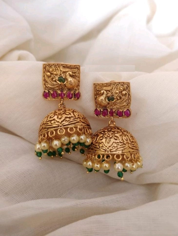 Peacock Square Stud Jhumka with Ruby and Green Stones