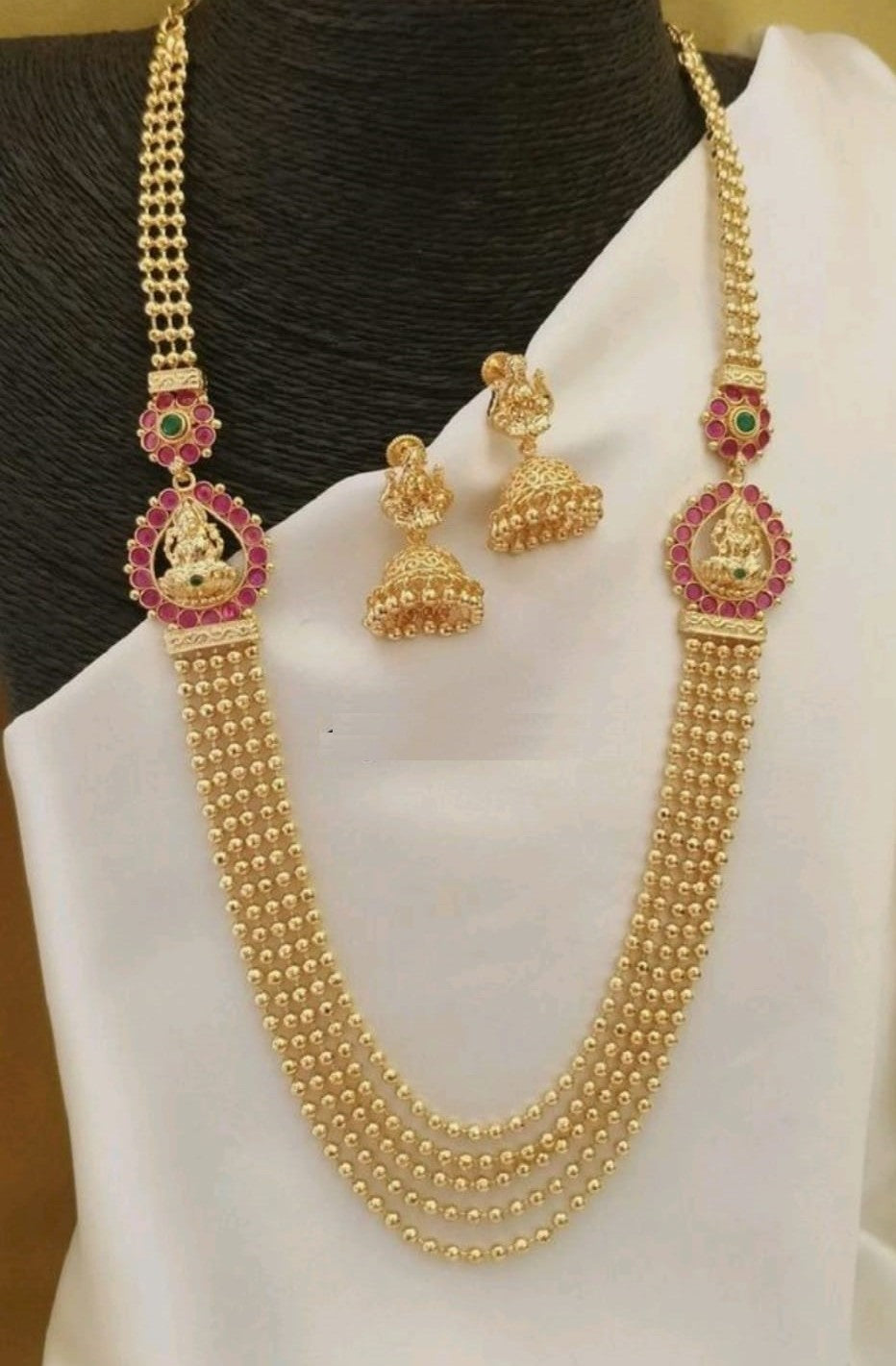 Multilayer Long Necklace Haar Aaram With Ruby Green Stones And Matching Jhumka Adorned by Lakshmi