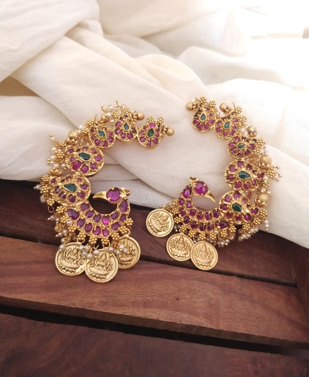 Designer Peacock Earcuffs with Ruby and Green Kemp Stones