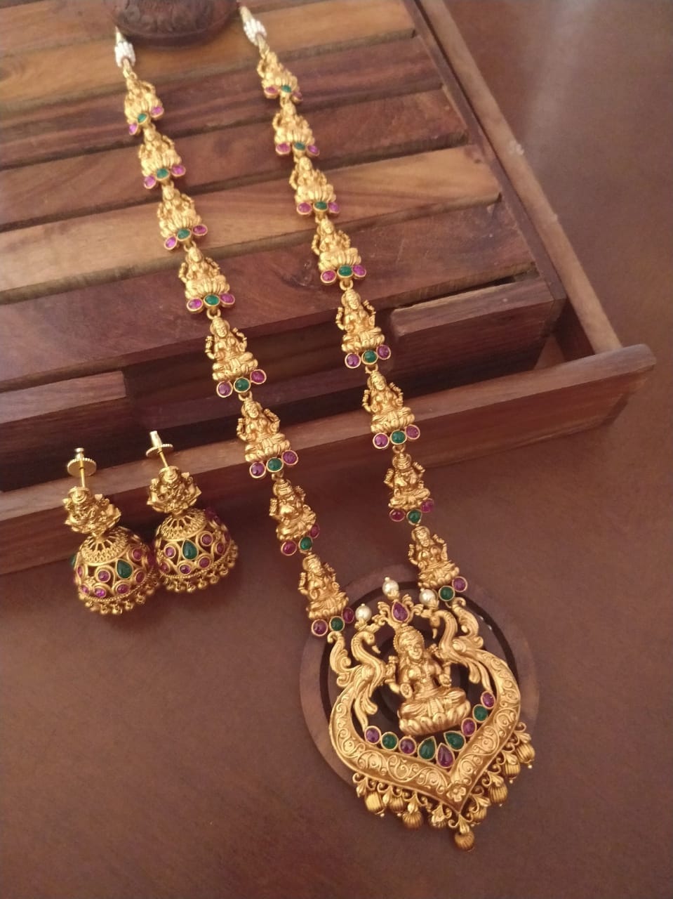 Temple Jewelry Matte Finish Long Necklace Haar Aaram With Ruby Green Stones And Matching Jhumka
