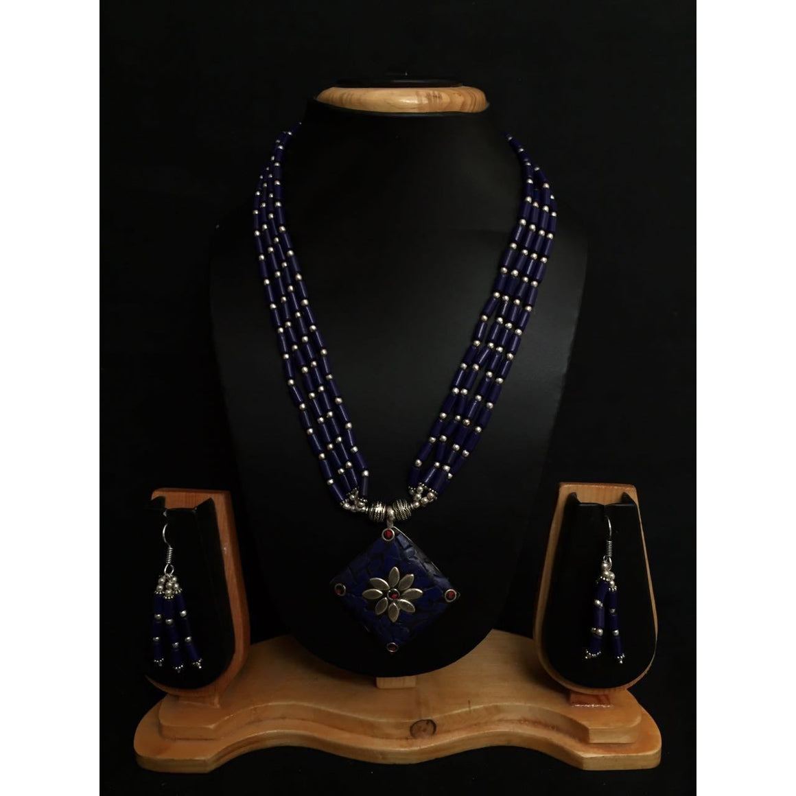 Necklace set with Nepalian Beads and German Silver pendant with coral and Turquoise beads and dangler earrings