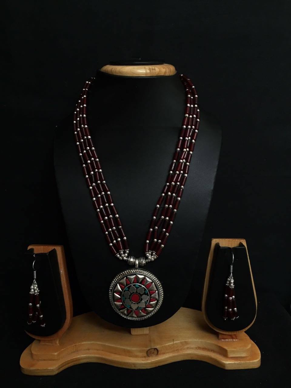 Necklace set with Nepalian Beads and German Silver pendant with coral and Turquoise beads and dangler earrings