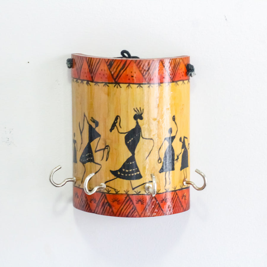 Handpainted Bamboo Warli Painting Key Holder Indian Tribal Art