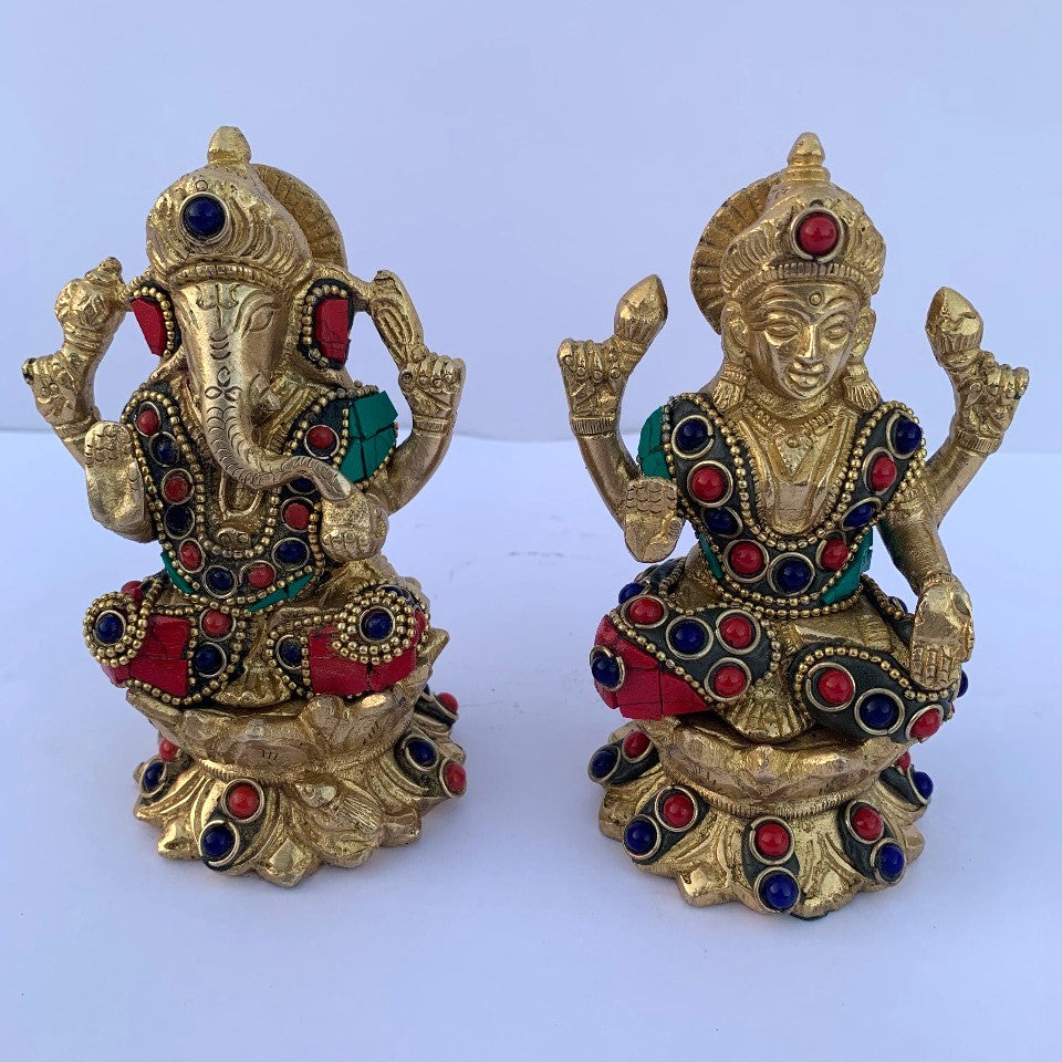 Brass Stone Work Lakshmi Ganesh Statue Pair