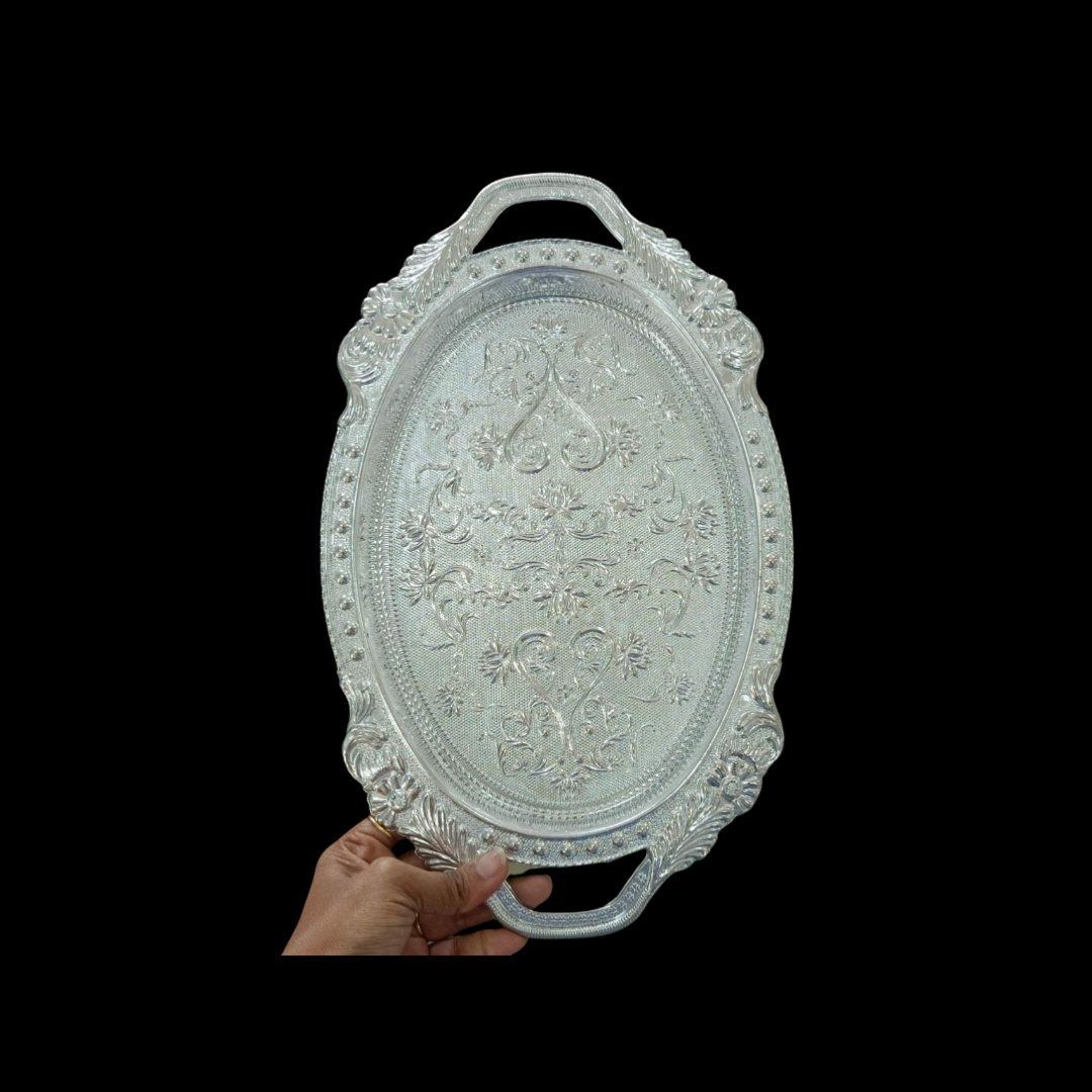 Oval Silver Fibre tray With Handle and embossed design Return Gift Pooja Decor